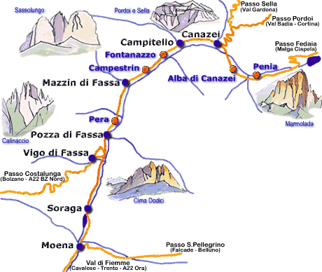 paesini-fassa Schematic of the Valley's towns and mountains
